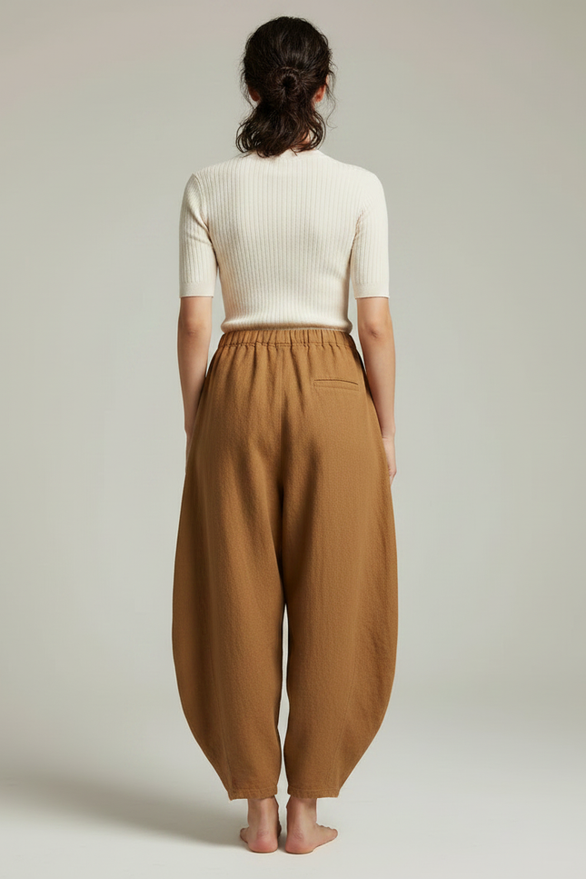 Pantalon Chinois Lin Ample Marron Confortable Élégant - vue 2