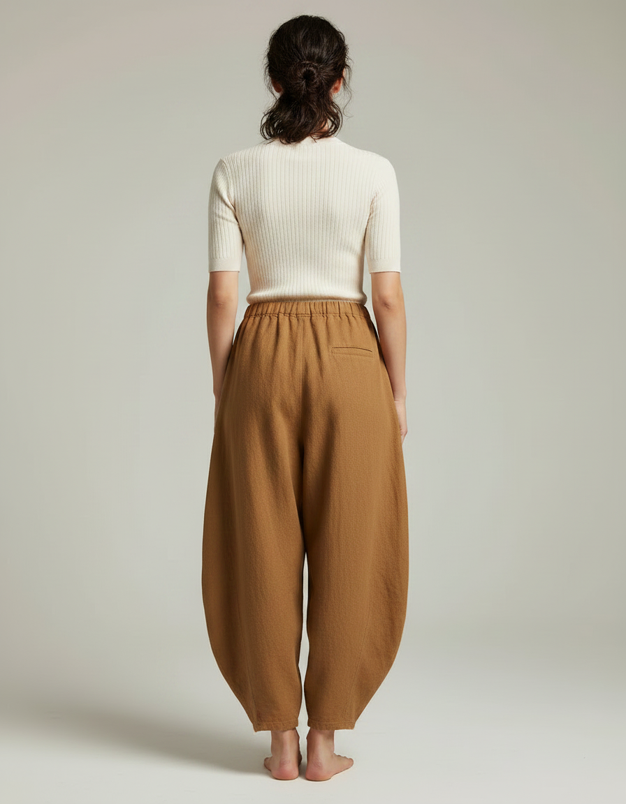Pantalon Chinois Lin Ample Marron Confortable Élégant - vue 2
