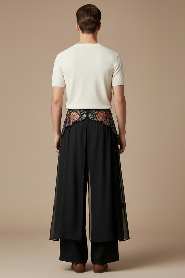 Pantalon Chinois Noir Brodé Floral Ample Fluide - Polyester - vue 2