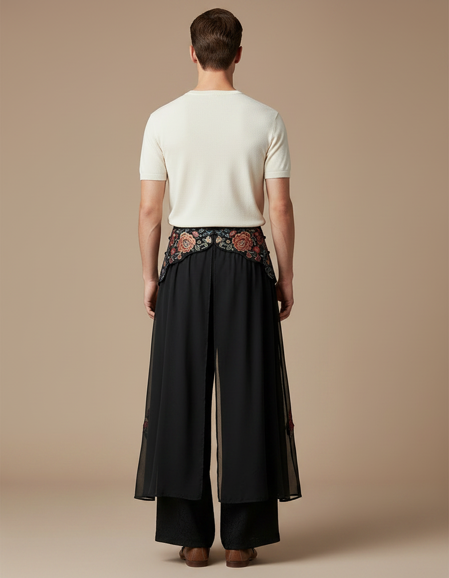 Pantalon Chinois Noir Brodé Floral Ample Fluide - Polyester - vue 2