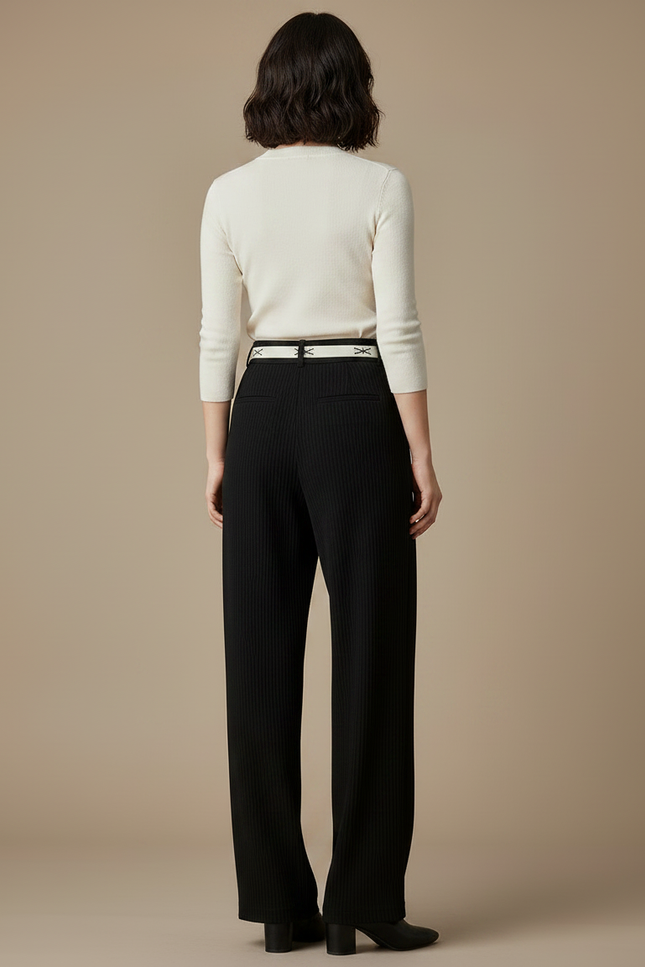 Pantalon Chinois Noir Côtelé Ample Décontracté Ceinture - Cordé - vue 2