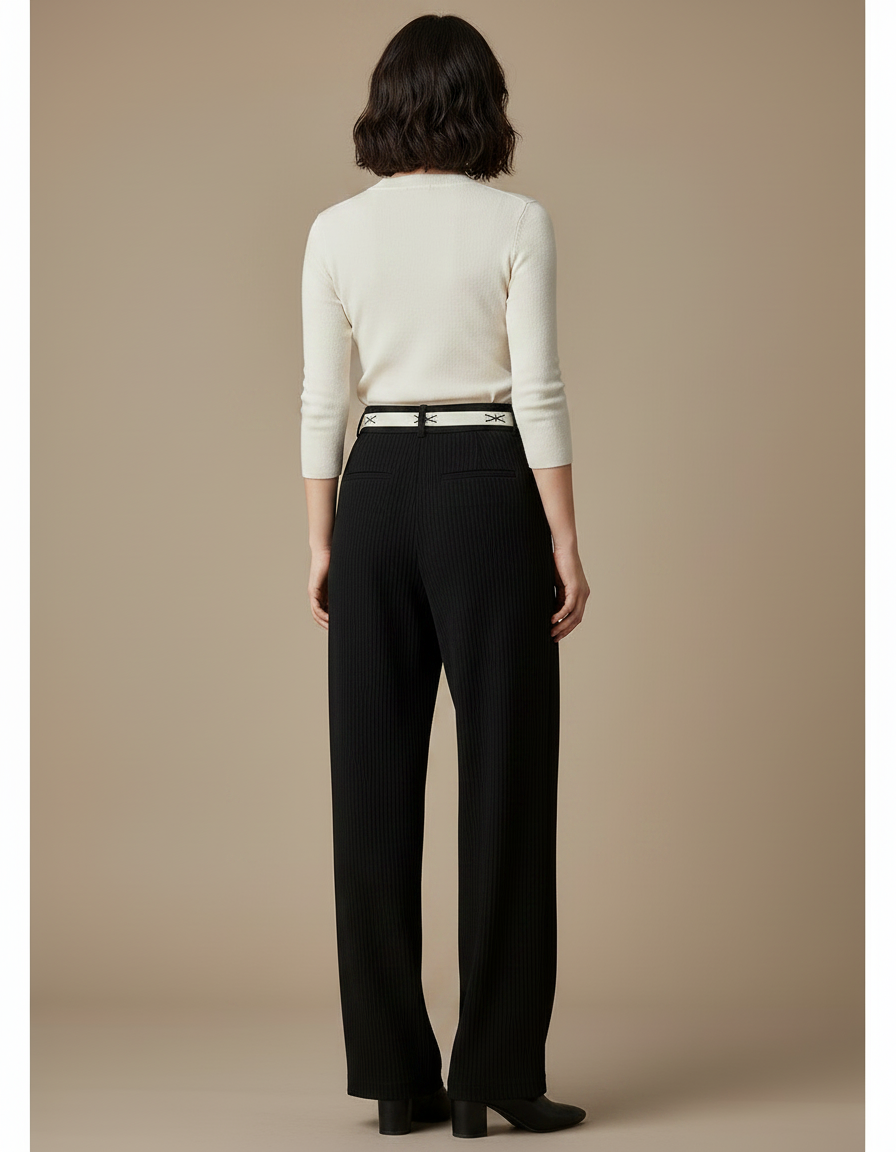 Pantalon Chinois Noir Côtelé Ample Décontracté Ceinture - Cordé - vue 2