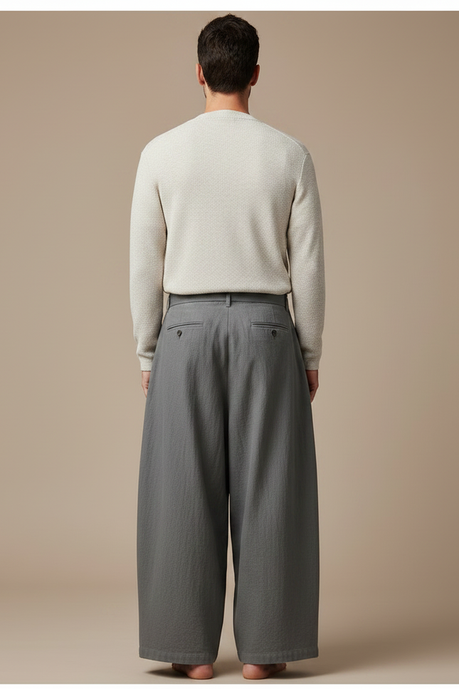 Pantalon Chinois Gris Ample Ceinture Coton Lin - vue 2