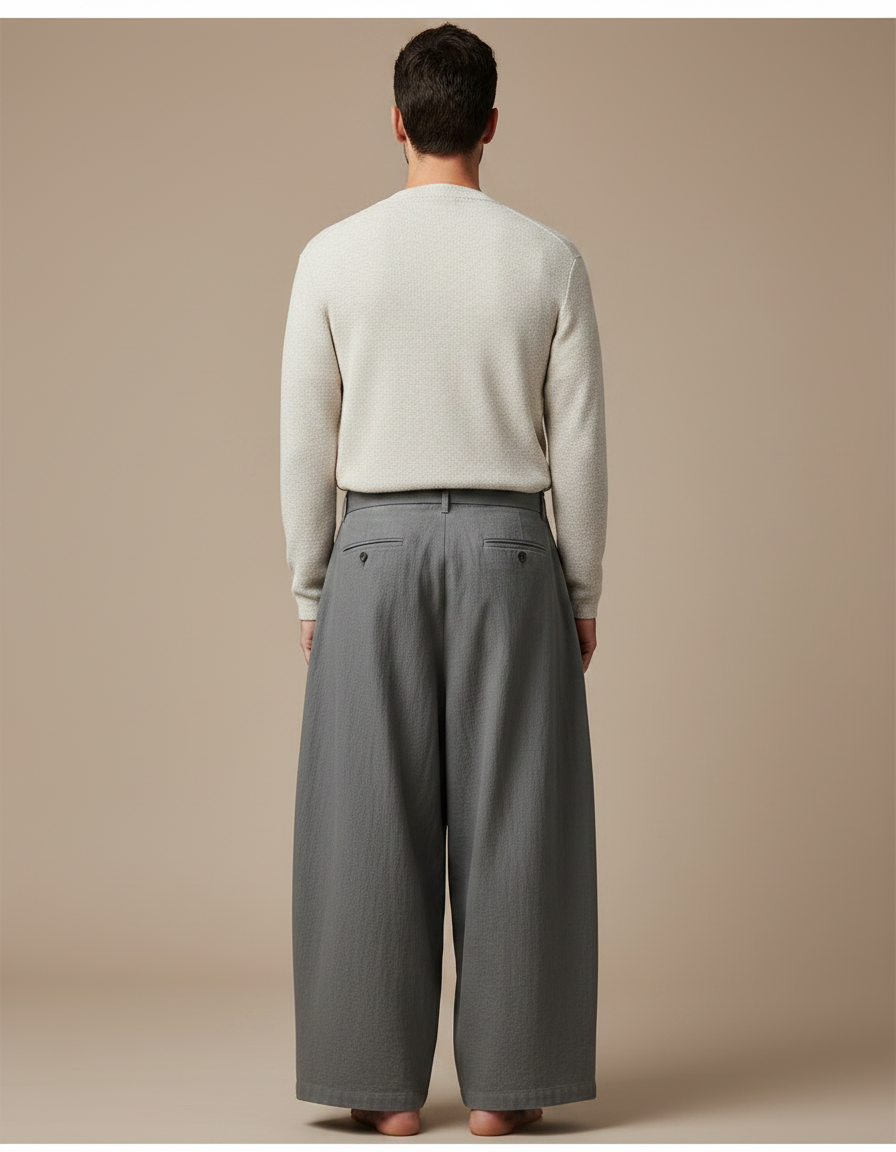 Pantalon Chinois Gris Ample Ceinture Coton Lin - vue 2