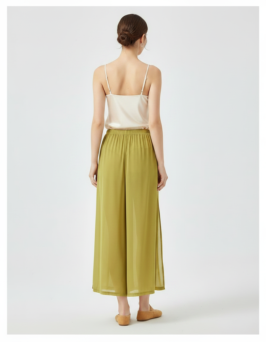 Pantalon Chinois Vert Fluide Ample Fendu Élégant - Viscose - vue 2