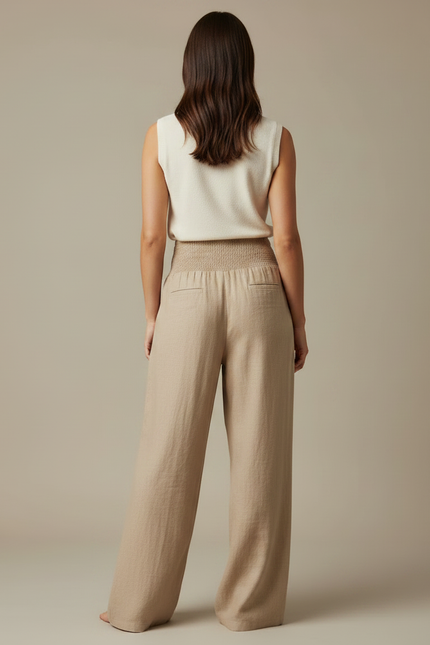 Pantalon Chinois Beige Lin Ample Plissé Confortable - vue 2