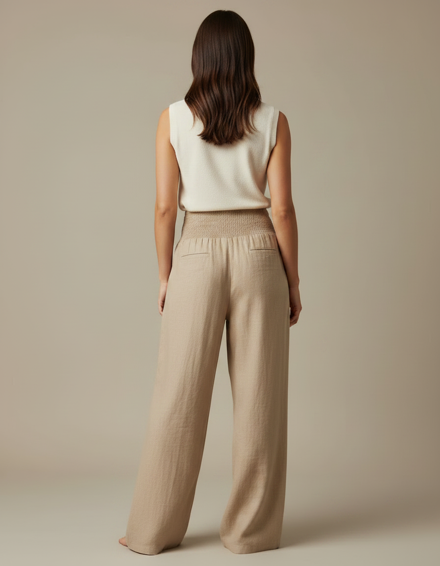 Pantalon Chinois Beige Lin Ample Plissé Confortable - vue 2