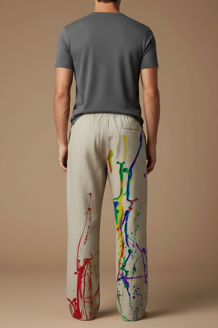 Pantalon Chinois Lin Beige Éclaboussures Peinture Ample - vue 2