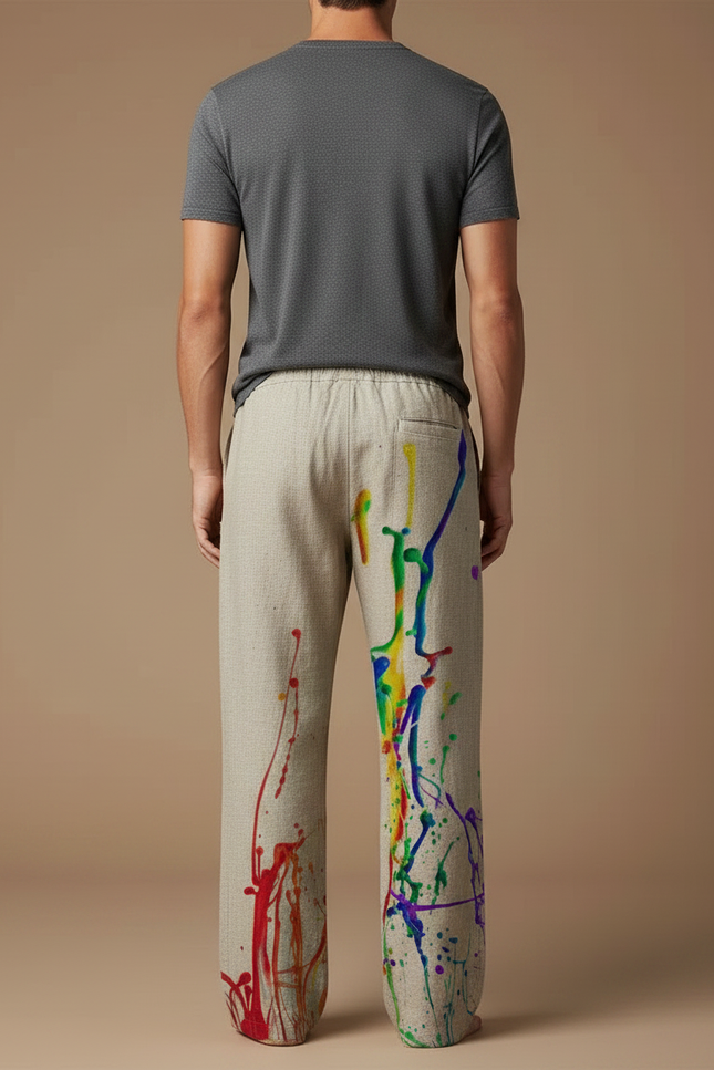 Pantalon Chinois Lin Beige Éclaboussures Peinture Ample - vue 2