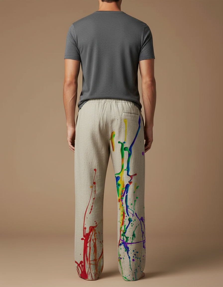 Pantalon Chinois Lin Beige Éclaboussures Peinture Ample - vue 2