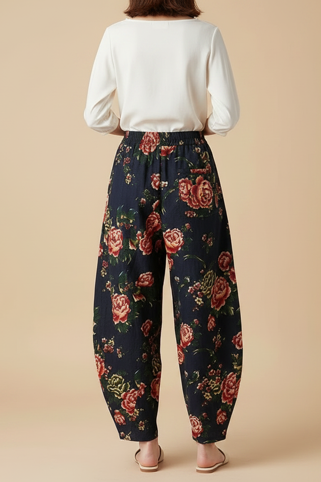 Pantalon Chinois Harem Fleuri Lin Coton Rétro Ample - Marine - vue 2