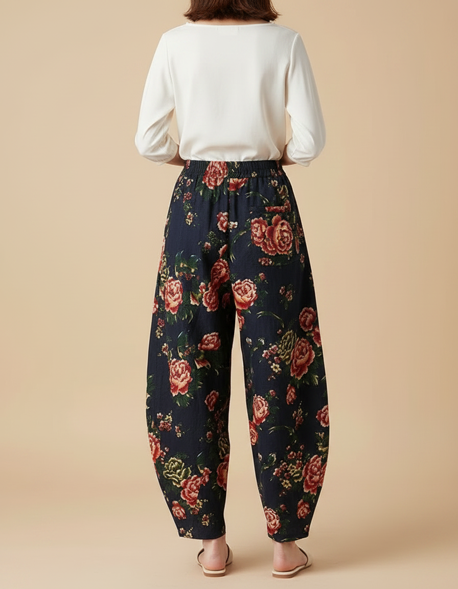 Pantalon Chinois Harem Fleuri Lin Coton Rétro Ample - Marine - vue 2