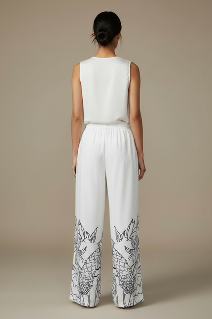 Pantalon Chinois Blanc Fluide Ample Imprimé Dragon - Satin - vue 2