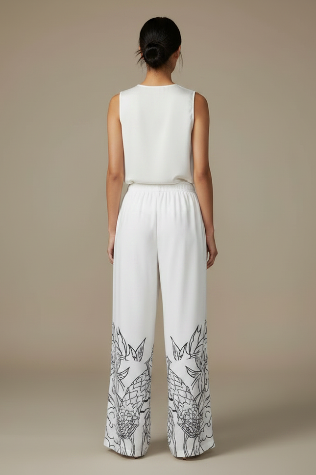 Pantalon Chinois Blanc Fluide Ample Imprimé Dragon - Satin - vue 2