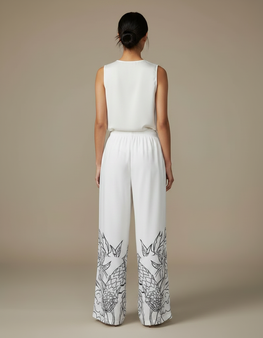 Pantalon Chinois Blanc Fluide Ample Imprimé Dragon - Satin - vue 2
