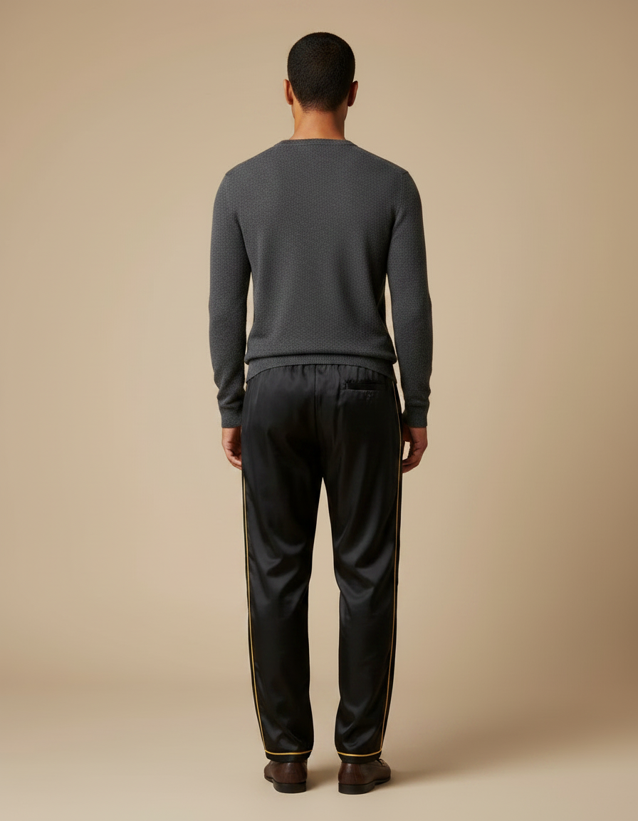 Pantalon Chinois Noir Satiné Ample Décontracté Homme - vue 2