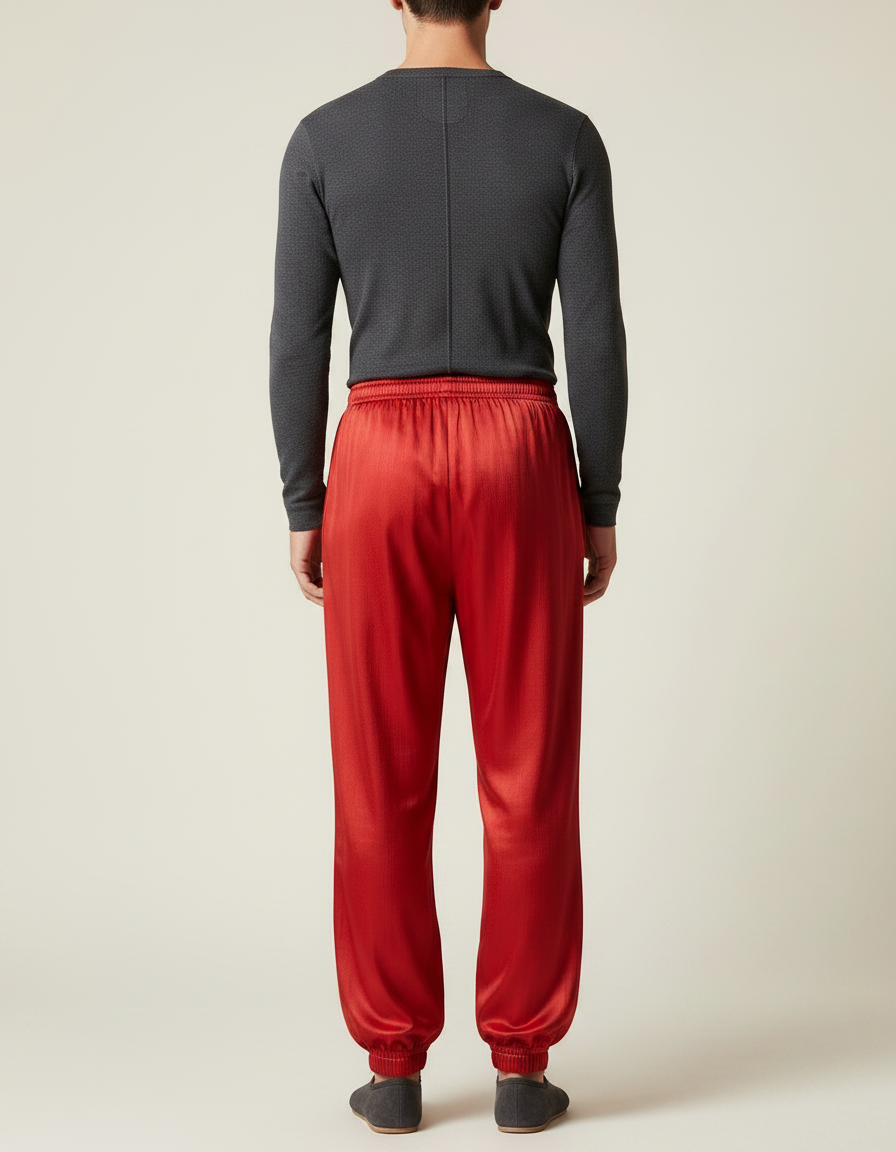 Pantalon Chinois Rouge Satiné Ample Élastiqué Homme - vue 2