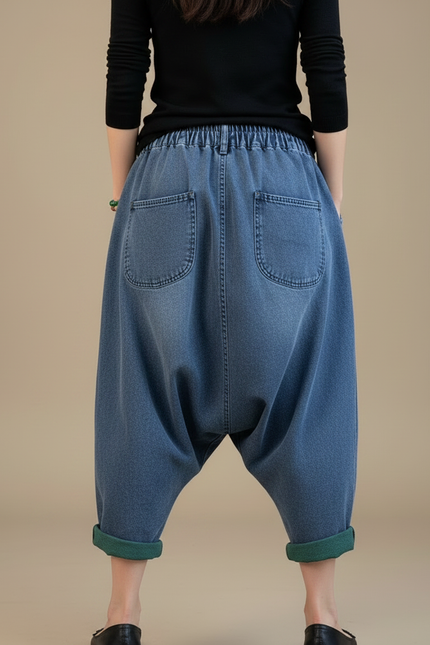 Pantalon Chinois Denim Ample Harem Turquoise Décontracté Femme - Bleu Jean - vue 2