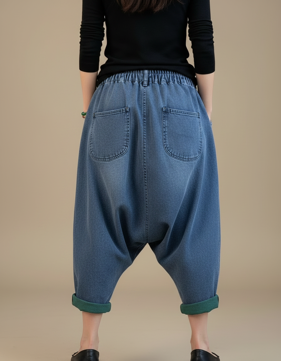 Pantalon Chinois Denim Ample Harem Turquoise Décontracté Femme - Bleu Jean - vue 2