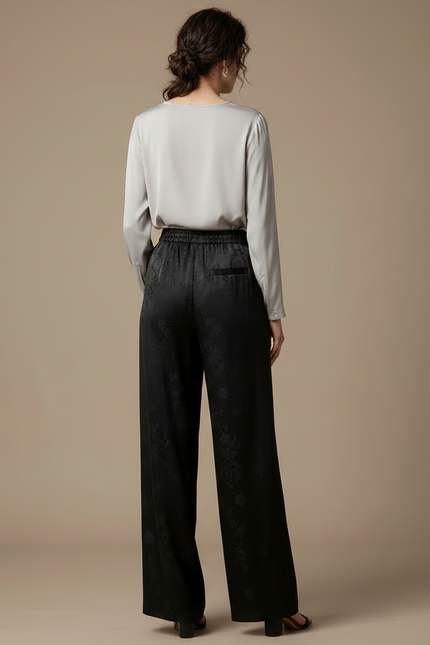 Pantalon Chinois Noir Jacquard Ample Satin Élégant - vue 2