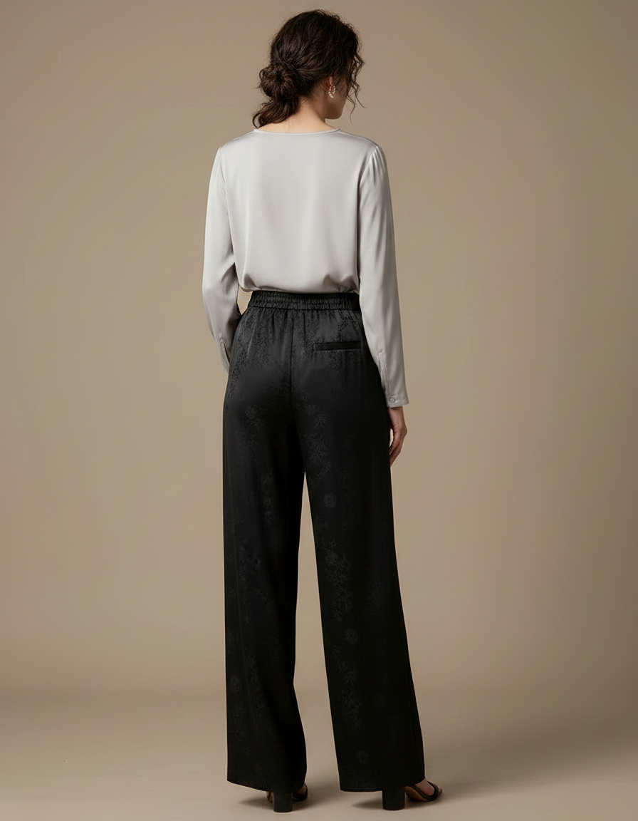 Pantalon Chinois Noir Jacquard Ample Satin Élégant - vue 2