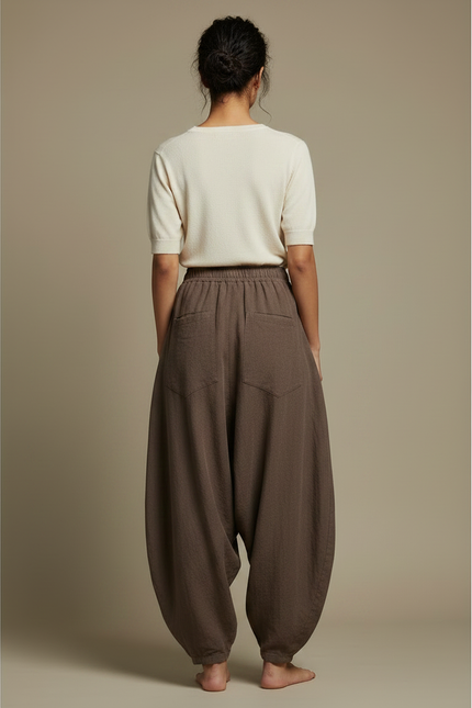 Pantalon Chinois Marron Ample Coton Lin Harem Vintage - vue 2