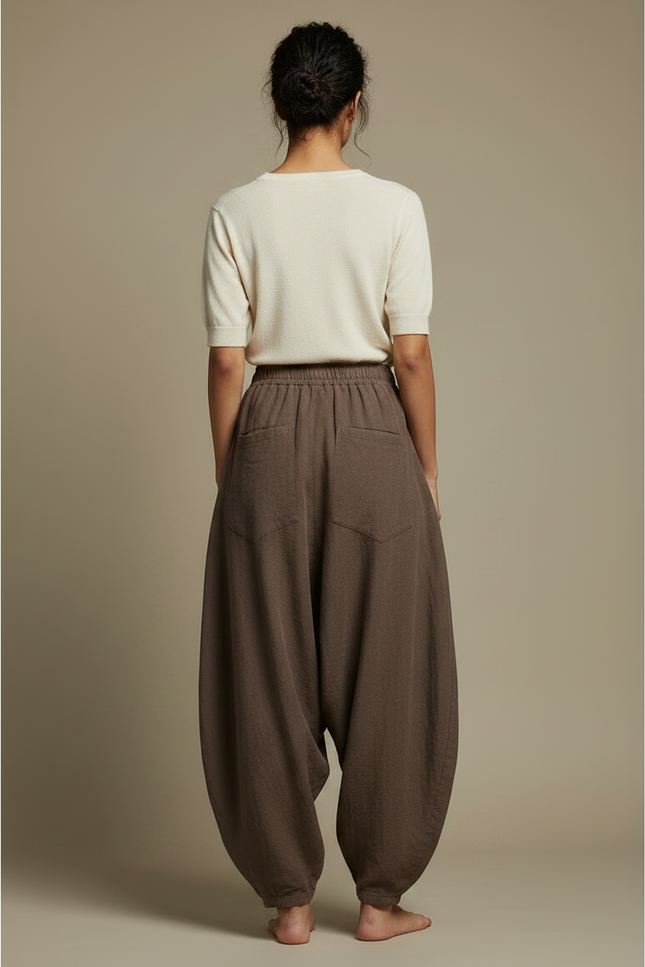 Pantalon Chinois Marron Ample Coton Lin Harem Vintage - vue 2