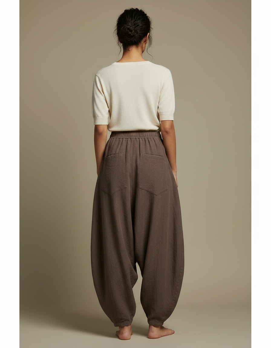 Pantalon Chinois Marron Ample Coton Lin Harem Vintage - vue 2