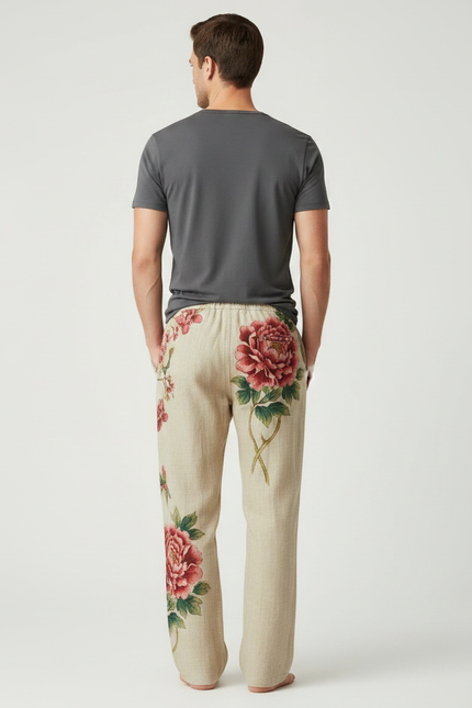 Pantalon Chinois Lin Beige Fleurie Ample Décontracté - vue 2