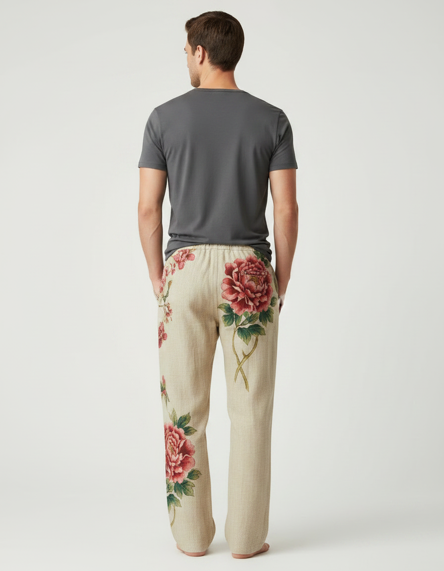 Pantalon Chinois Lin Beige Fleurie Ample Décontracté - vue 2