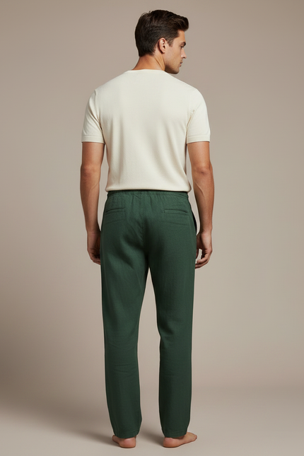 Pantalon Chinois Vert Ample Coton Lin Décontracté - vue 2