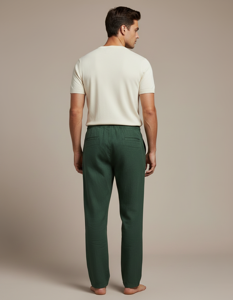 Pantalon Chinois Vert Ample Coton Lin Décontracté - vue 2