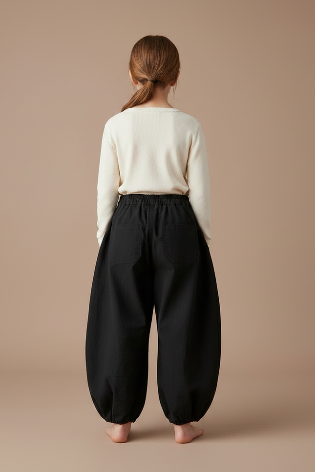 Pantalon Chinois Noir Ample Coton Bouffant Décontracté - vue 2