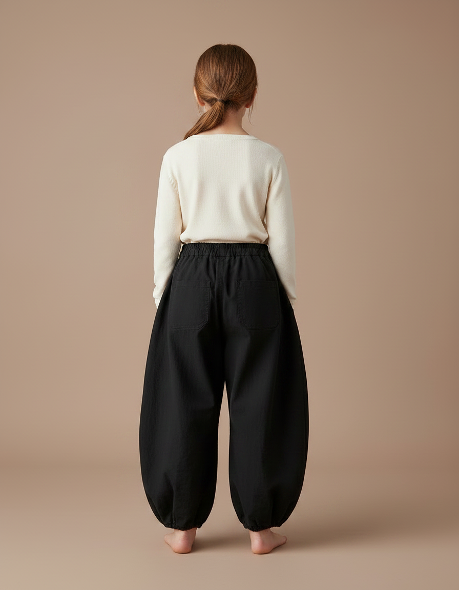 Pantalon Chinois Noir Ample Coton Bouffant Décontracté - vue 2