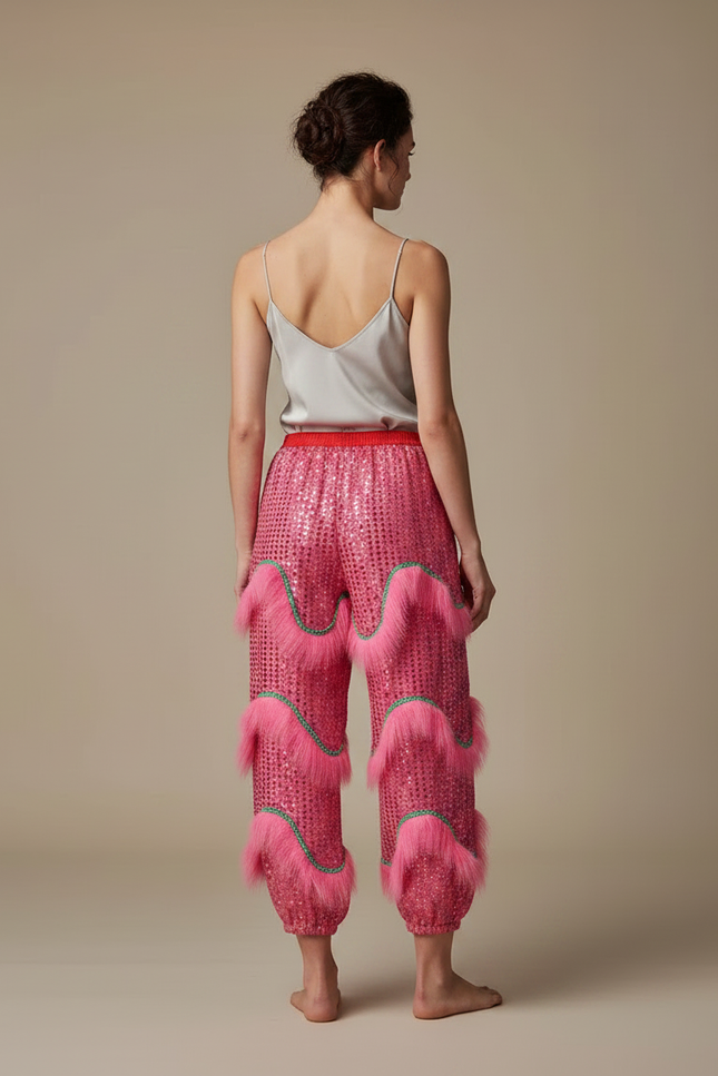 Pantalon Chinois Rose Pailleté Fluide Fourrure Fantaisie - Polyester - vue 2