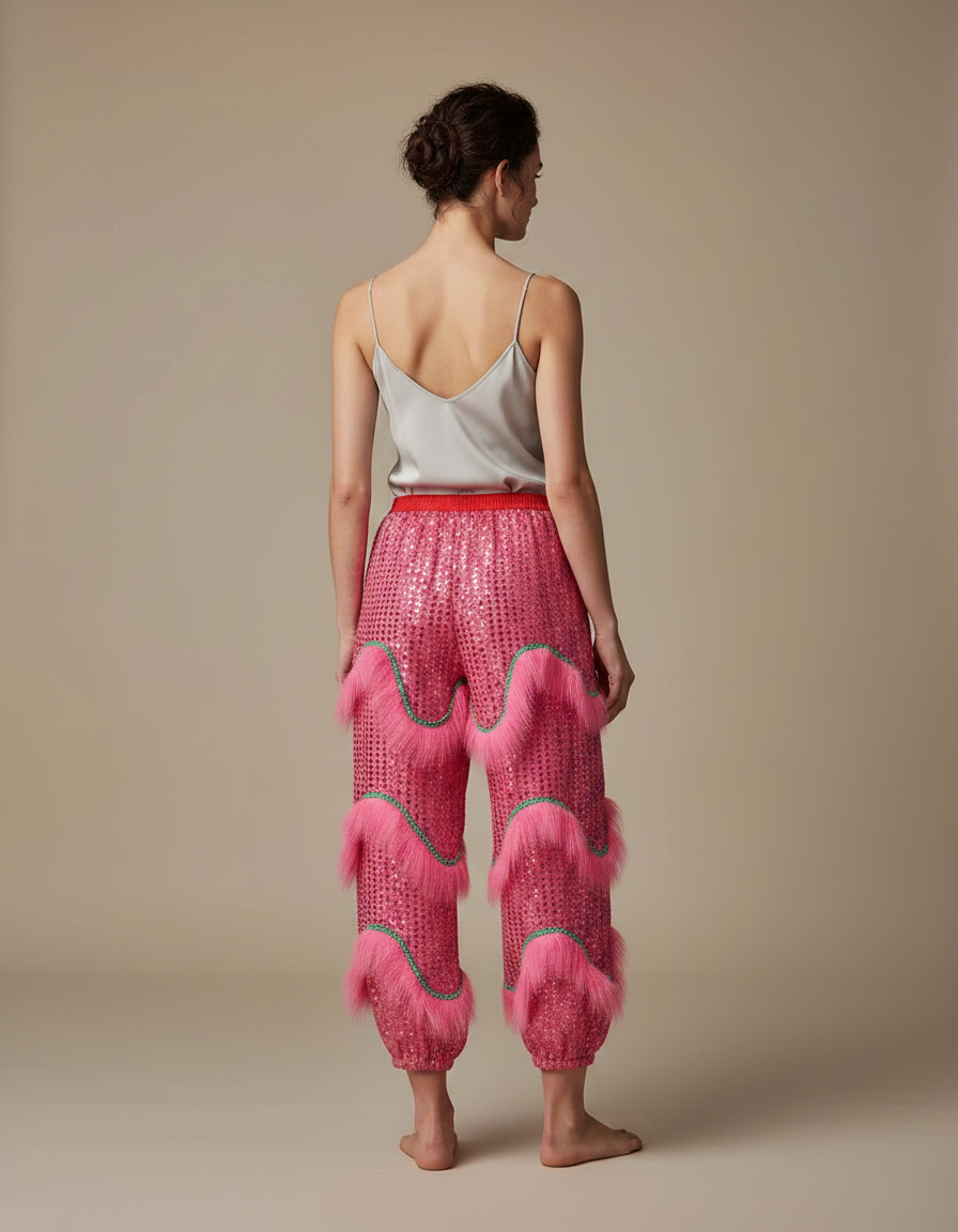 Pantalon Chinois Rose Pailleté Fluide Fourrure Fantaisie - Polyester - vue 2