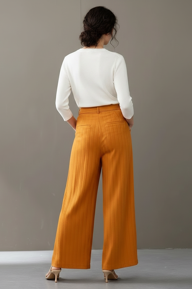 Pantalon Chinois Jaune Ocre Côtelé Ample Taille Haute - Cordé - vue 2