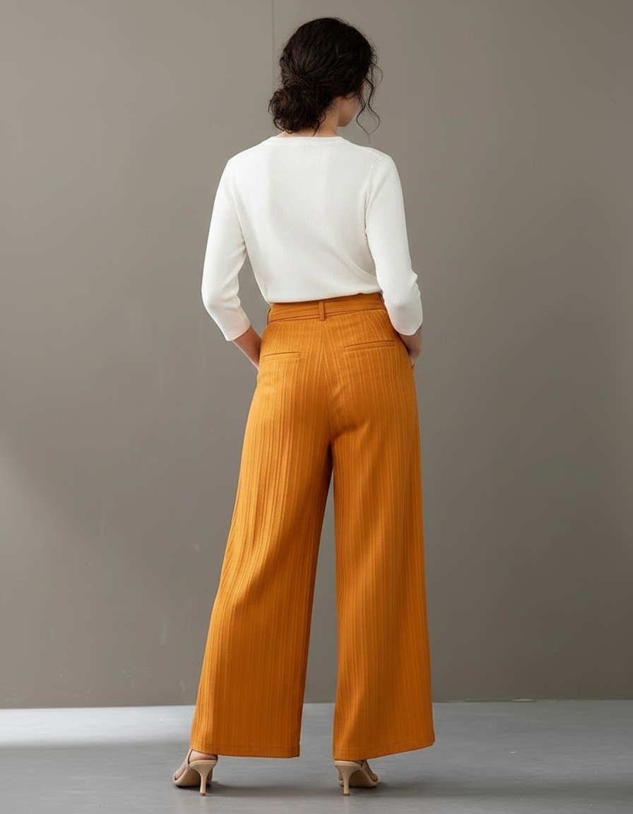 Pantalon Chinois Jaune Ocre Côtelé Ample Taille Haute - Cordé - vue 2