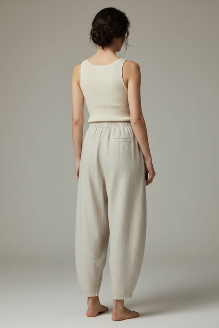 Pantalon Chinois Lin Coton Ample Vintage Beige - vue 2