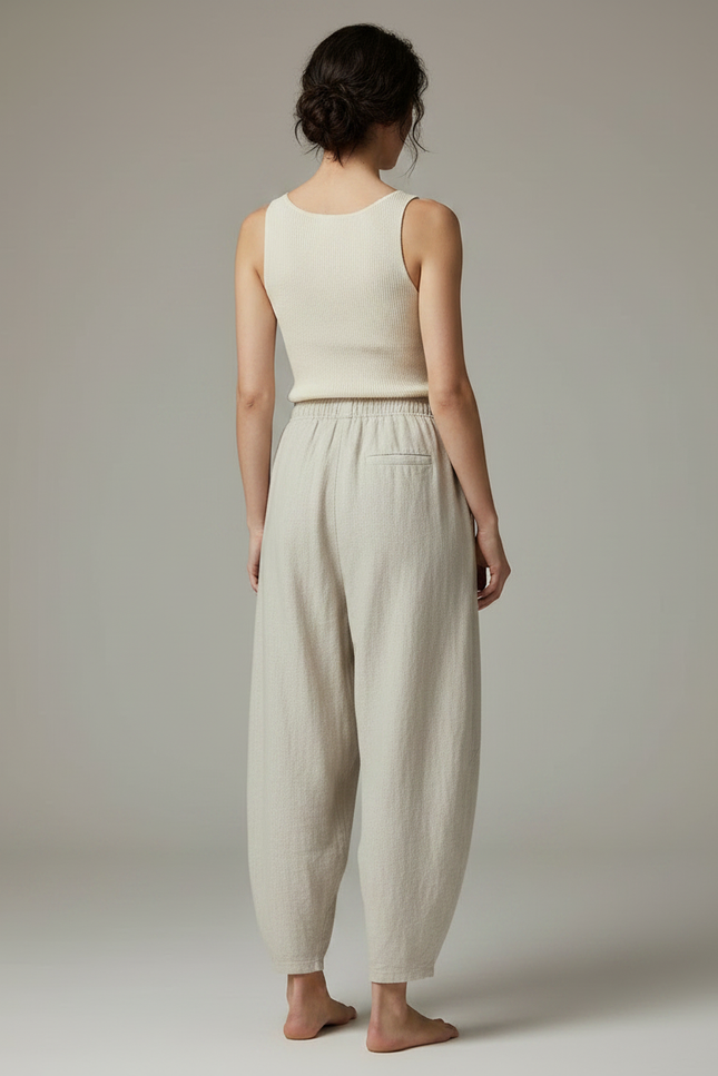 Pantalon Chinois Lin Coton Ample Vintage Beige - vue 2