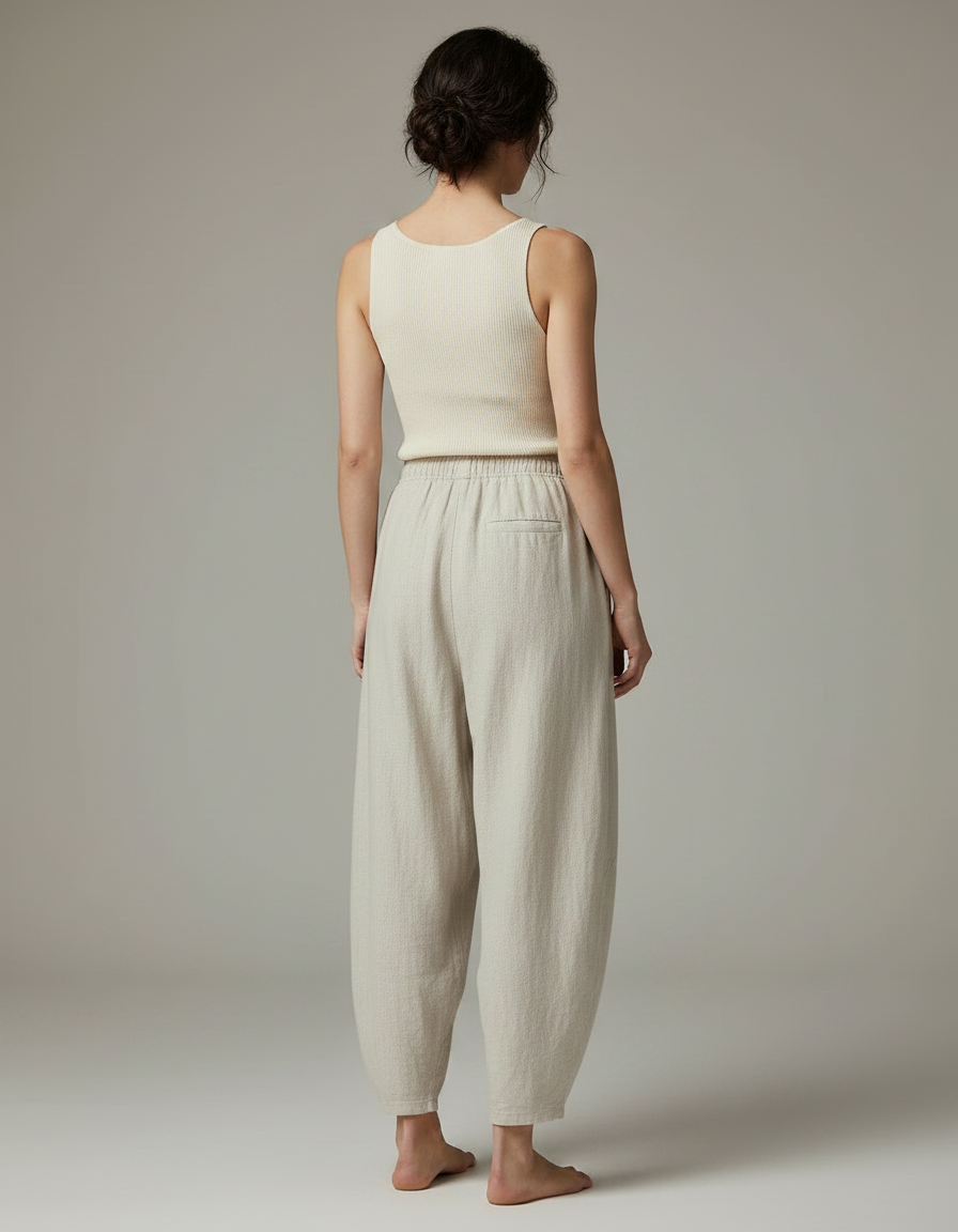 Pantalon Chinois Lin Coton Ample Vintage Beige - vue 2