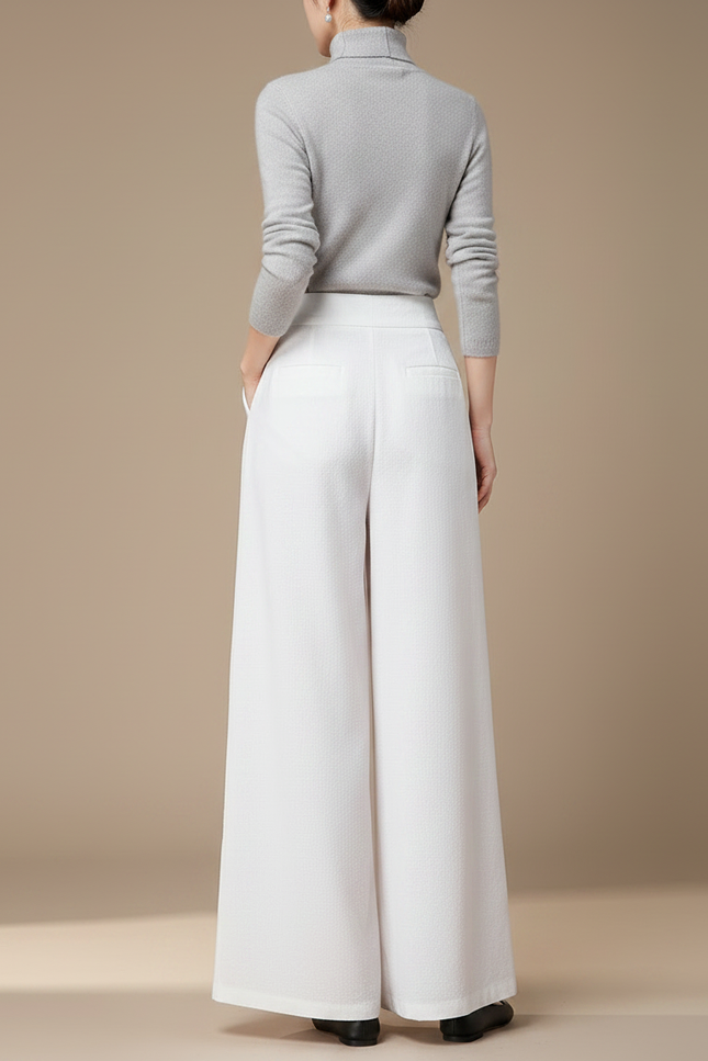 Pantalon Chinois Blanc Ample Brodé Femme - Laine - vue 2