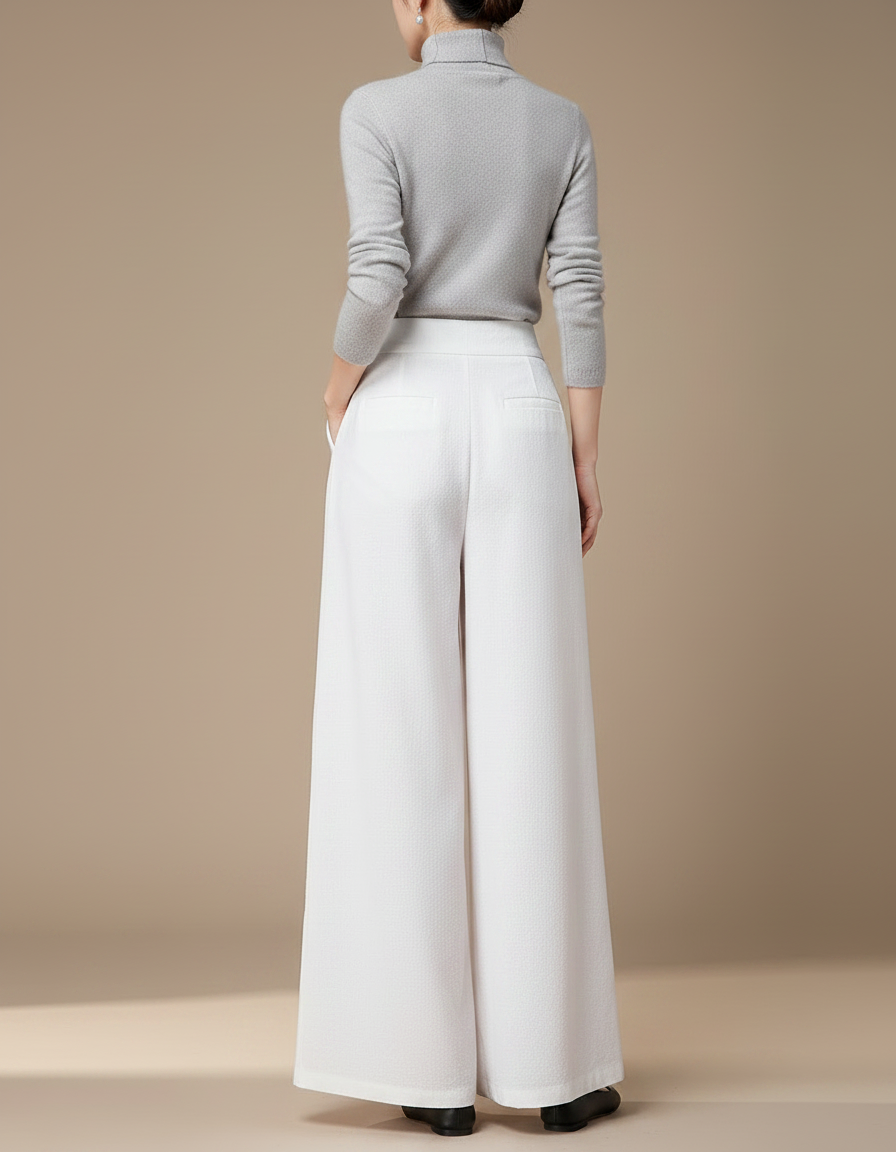 Pantalon Chinois Blanc Ample Brodé Femme - Laine - vue 2