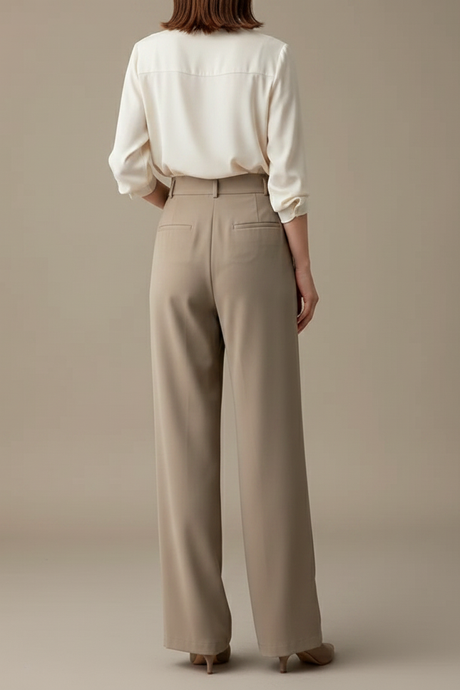 Pantalon Chinois Taille Haute Fluide Droit Élégant Beige - Viscose - vue 2