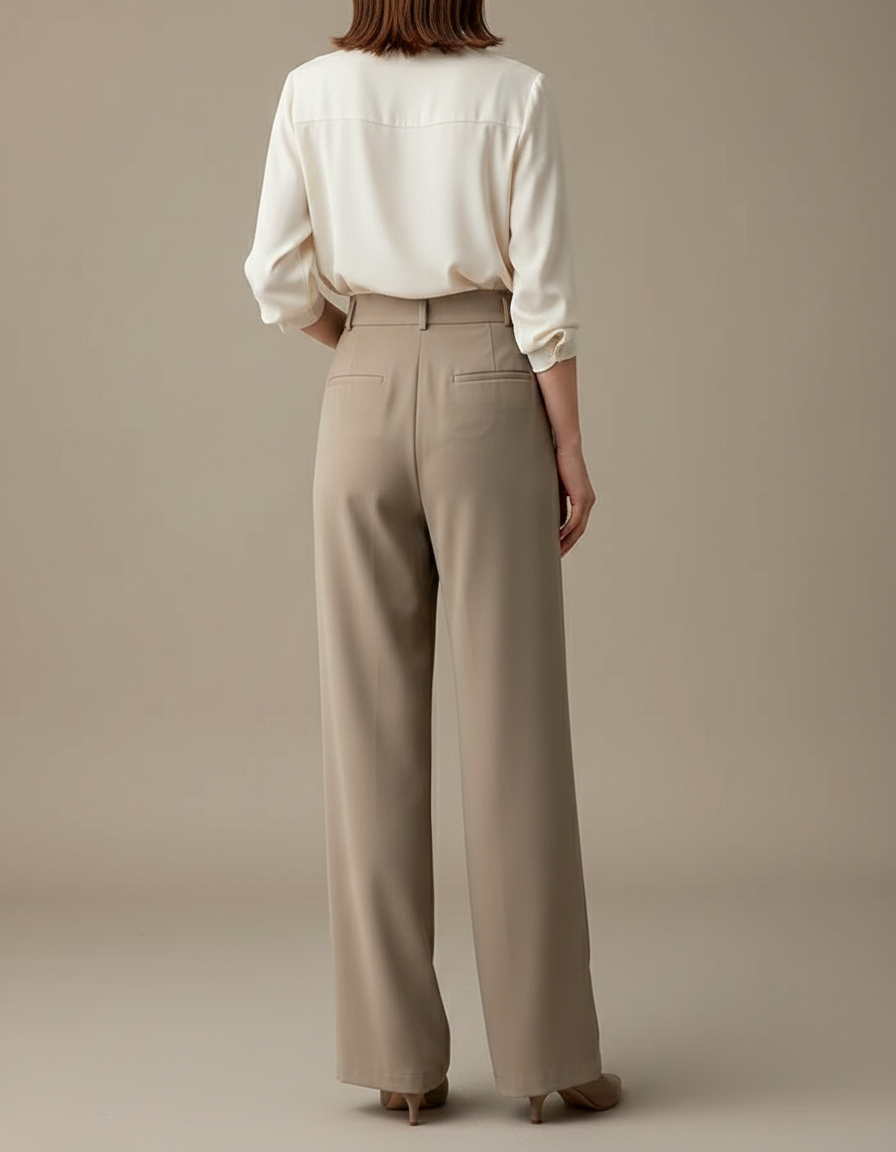 Pantalon Chinois Taille Haute Fluide Droit Élégant Beige - Viscose - vue 2