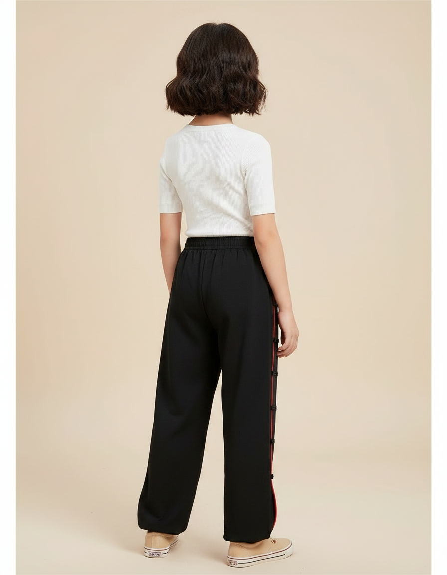 Pantalon Chinois Noir Ample Boutons Rouges Enfant - Molleton - vue 2