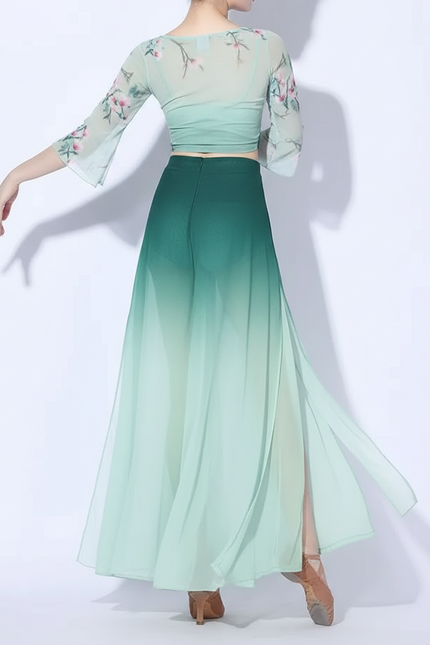 Pantalon Chinois Vert Dégradé Fluide Ample Fendu - Polyester