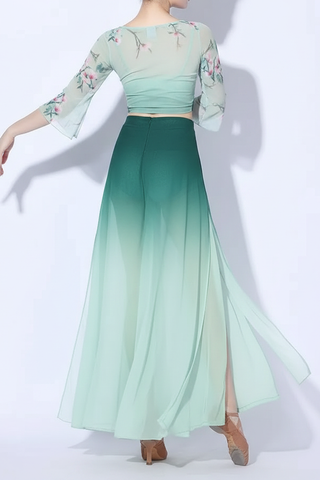 Pantalon Chinois Vert Dégradé Fluide Ample Fendu - Polyester