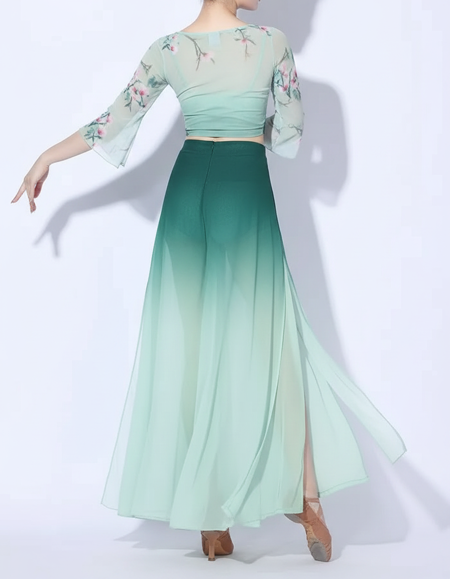 Pantalon Chinois Vert Dégradé Fluide Ample Fendu - Polyester