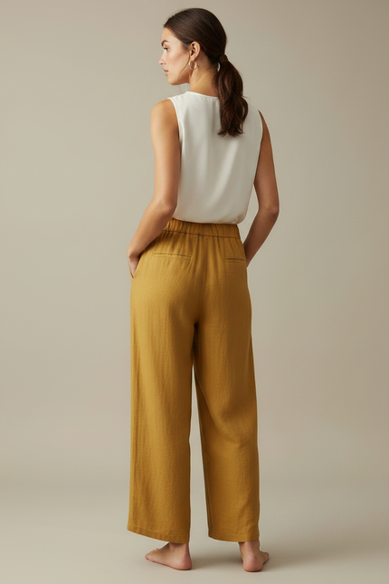 Pantalon Chinois Jaune Lin Ample Fluide Décontracté - vue 2
